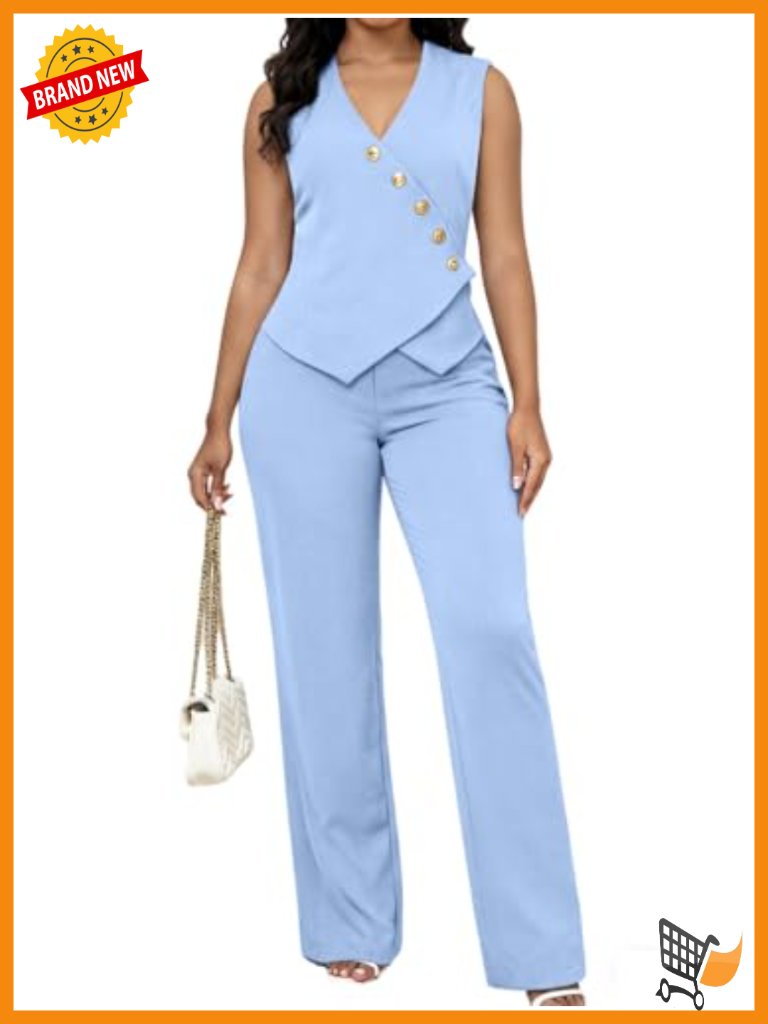 Women Dressy Two Piece Pantsuit Set Sleeveless Blazer Vest With Gold Buttons